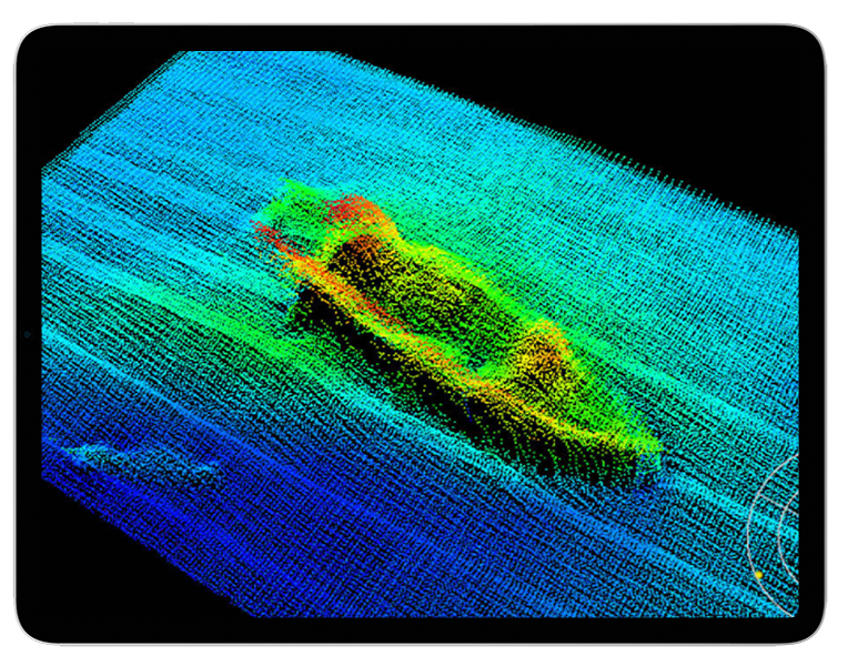 SubcSonic sonar visualization on a tablet, showing a color-mapped shipwreck scan